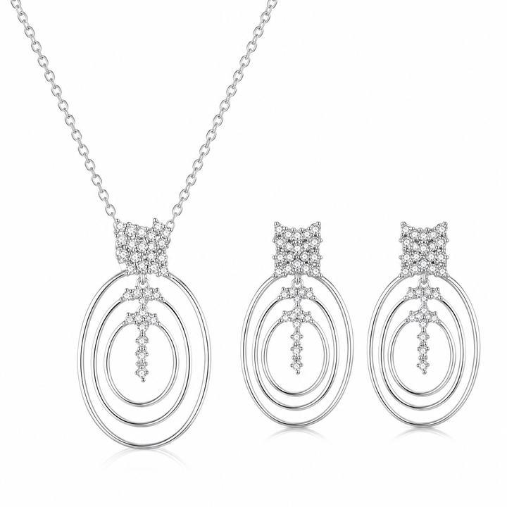 925 Sterling Silver Chain Pendant Set with Concentric Oval Design