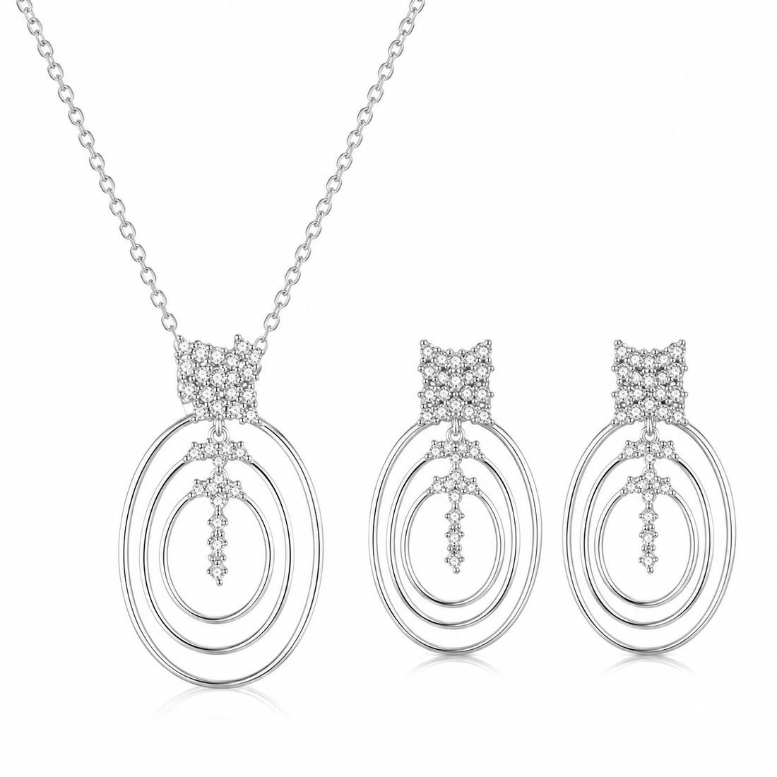 925 Sterling Silver Chain Pendant Set with Concentric Oval Design
