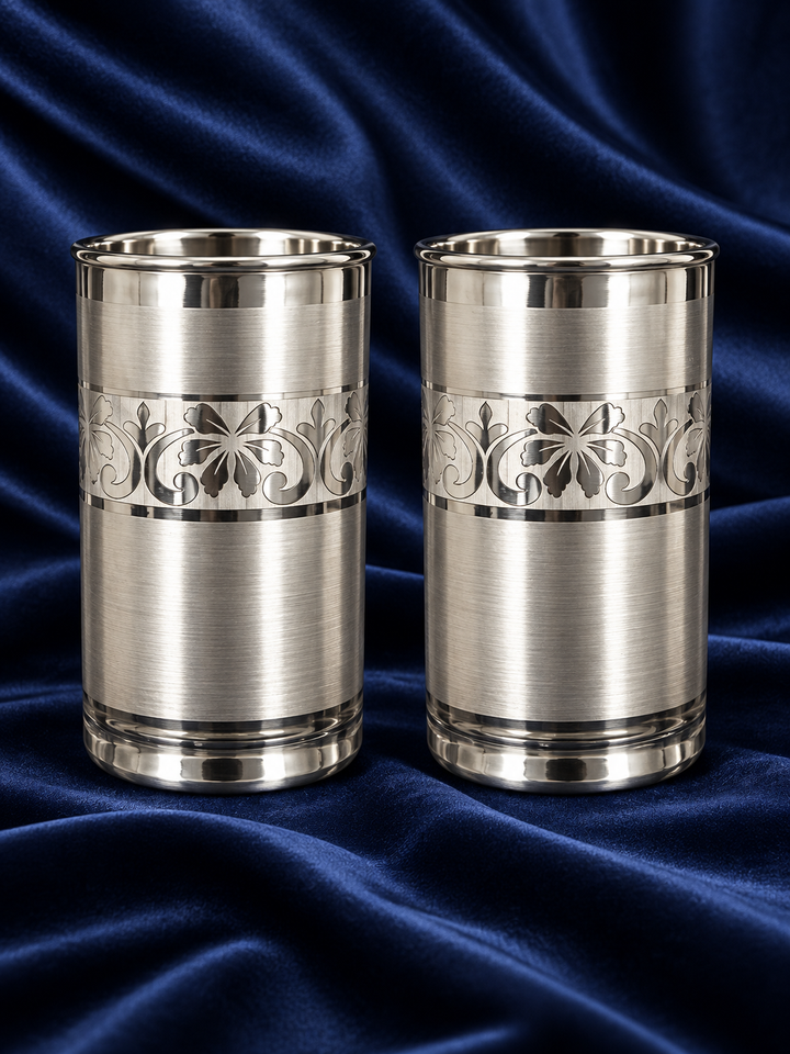 Pure Silver Floral Cutwork Drinking Glass Set of 2 - Image 2