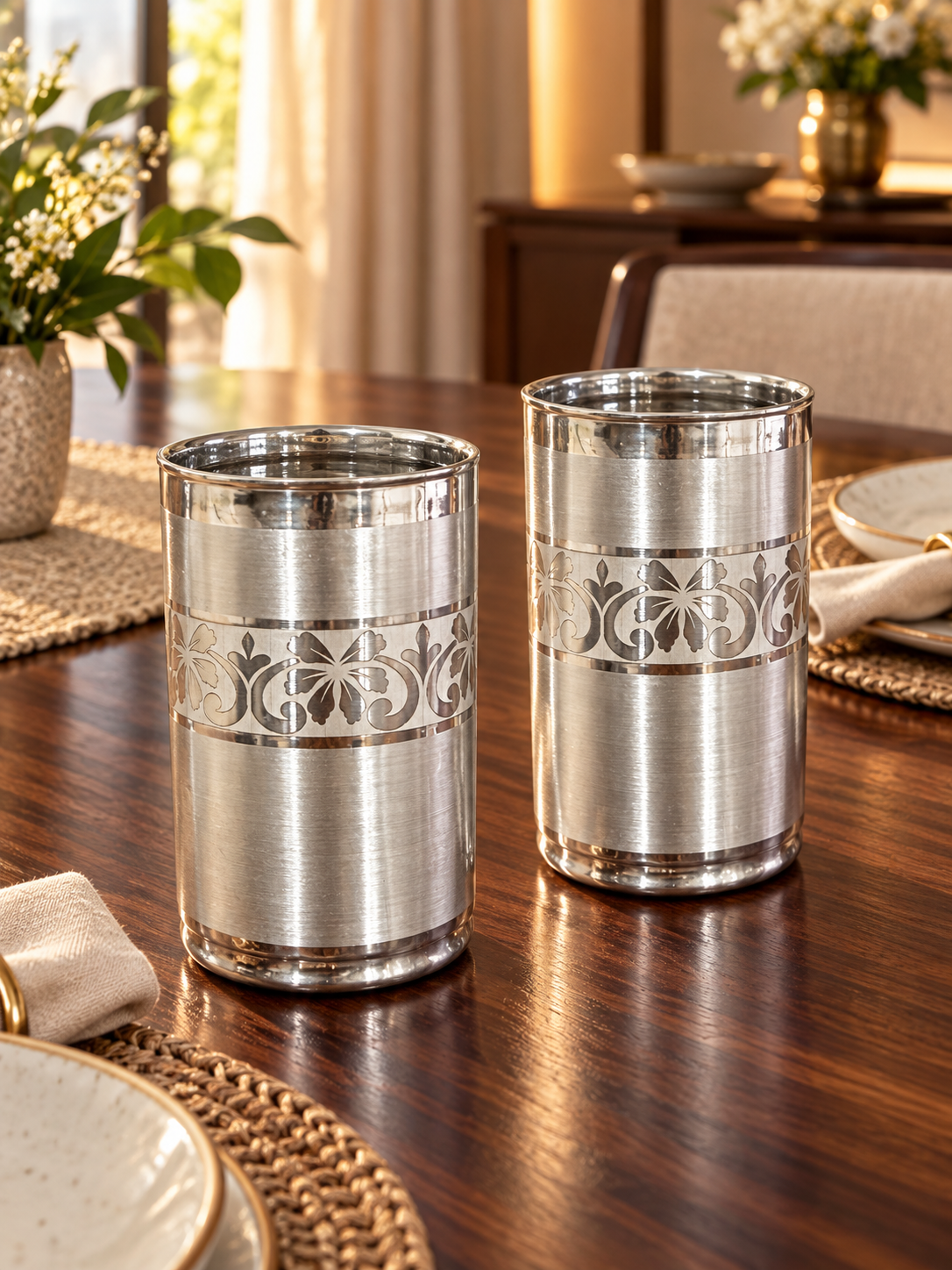 Pure Silver Floral Cutwork Drinking Glass Set of 2 - Image 4