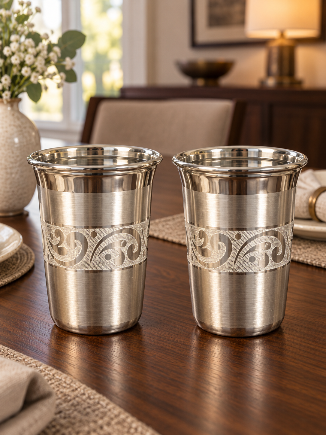 Pure Silver Floral Rim Drinking Glass Set of 2 - Image 4
