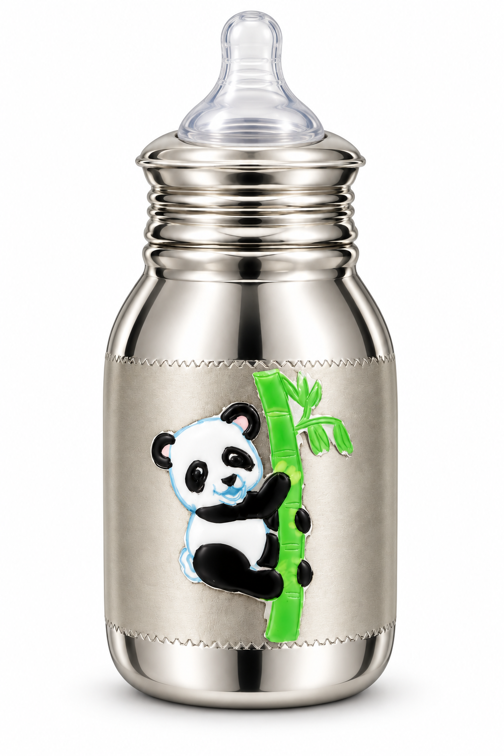 Pure Silver Kids Milk Bottle with Panda Design - 10 x 5 cm - Image 1