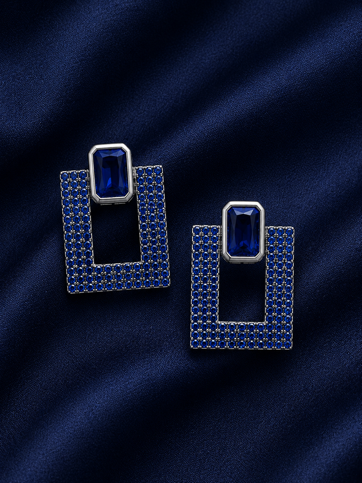 925 Sterling Silver Geometric Rectangular Pavé Drop Earrings - Silver Finish - front view
