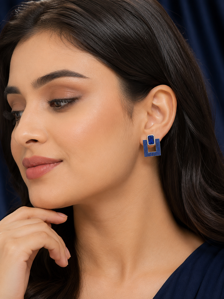 925 Sterling Silver Geometric Rectangular Pavé Drop Earrings - Silver Finish - alternate view