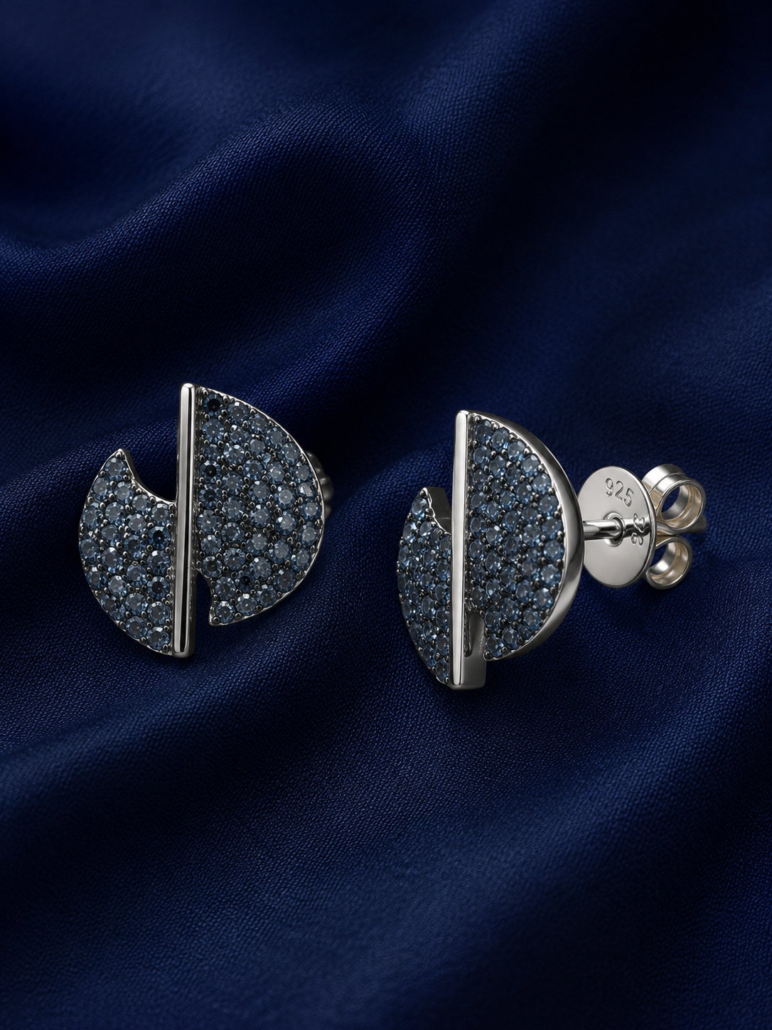925 Sterling Silver Half-Moon Pavé Stud Earrings - Silver Finish - front view