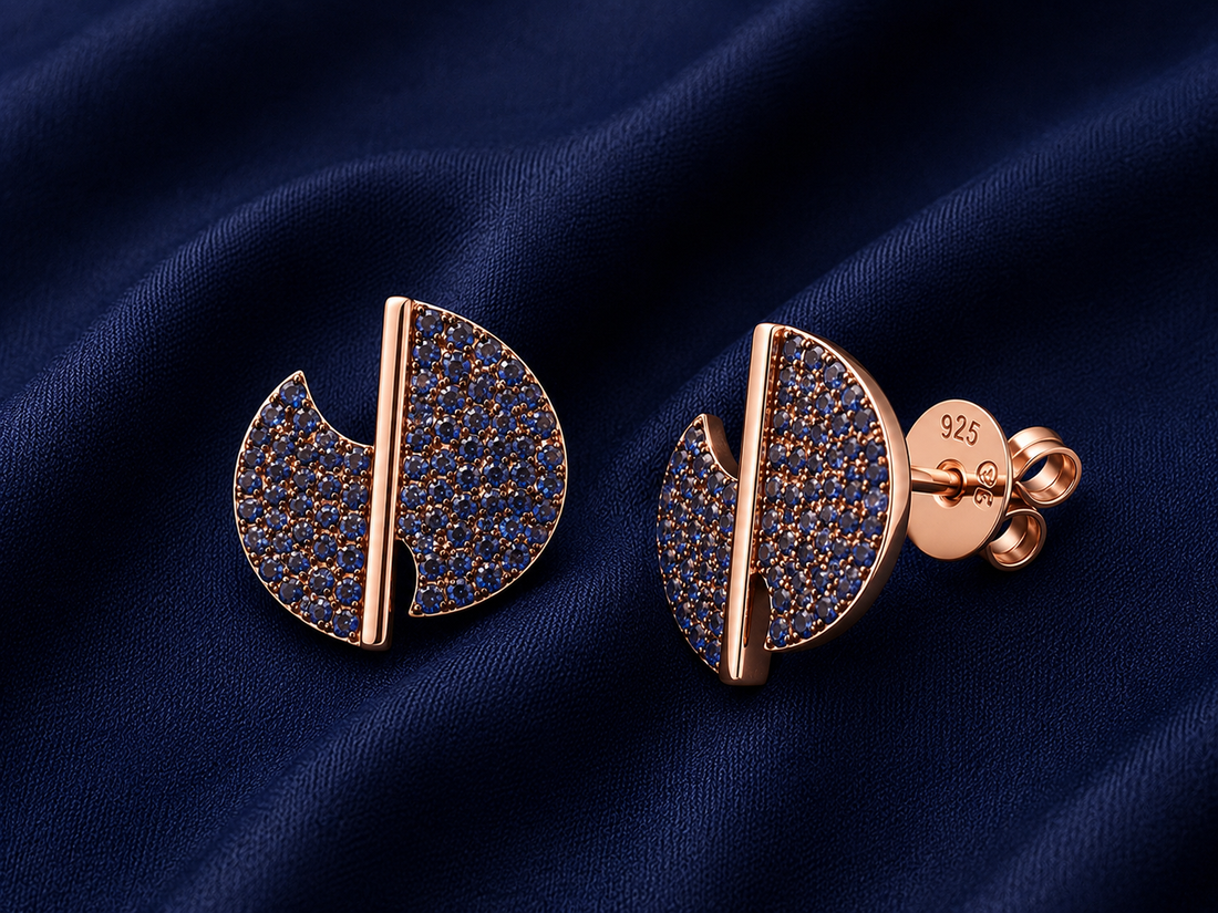 925 Sterling Silver Half-Moon Pavé Stud Earrings - Rose Gold Finish - front view