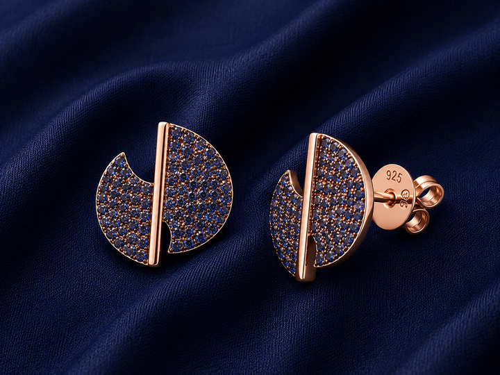 925 Sterling Silver Half-Moon Pavé Stud Earrings - Rose Gold Finish - front view