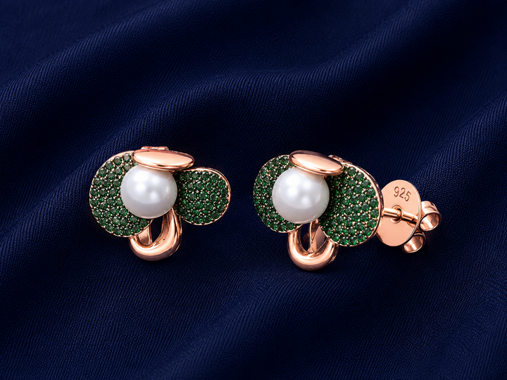 925 Sterling Silver Pearl & Green Halo Stud Earrings - Rose Gold Finish - front view
