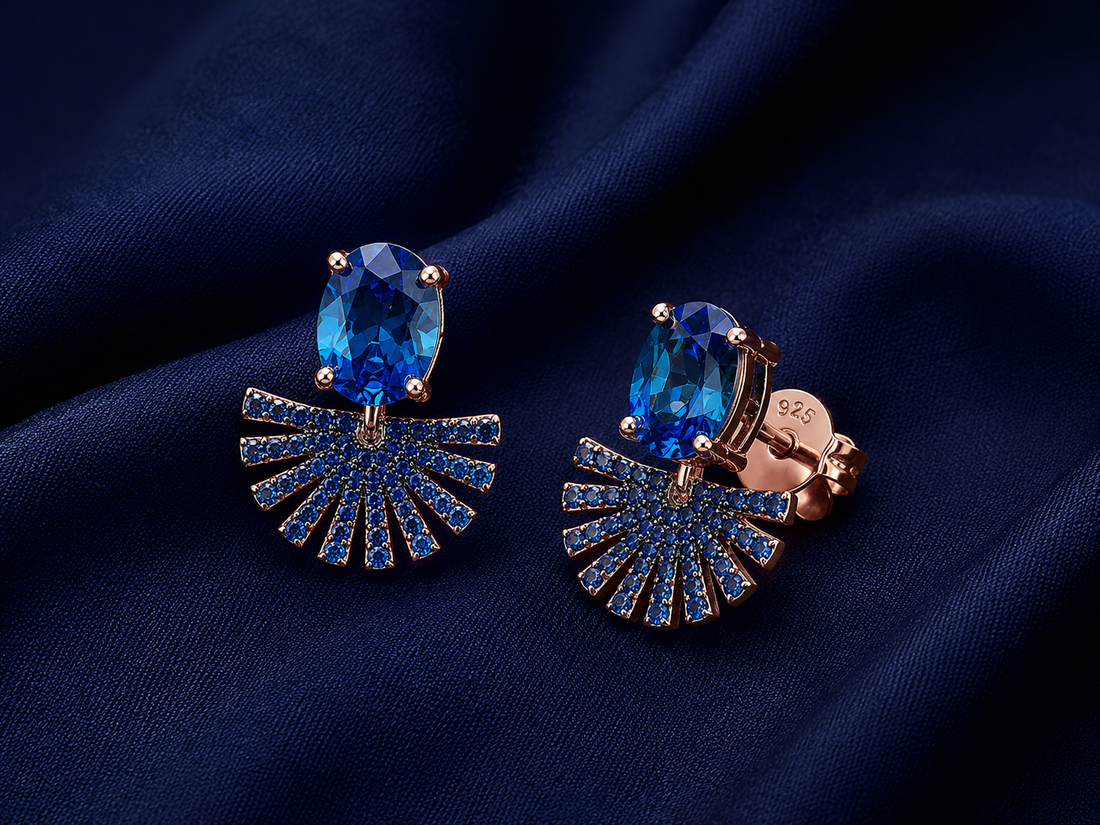 925 Sterling Silver Blue Fan Drop Earrings - Rose Gold Finish - front view