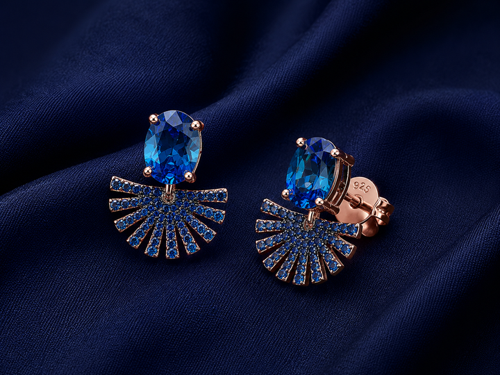 925 Sterling Silver Blue Fan Drop Earrings - Rose Gold Finish - front view