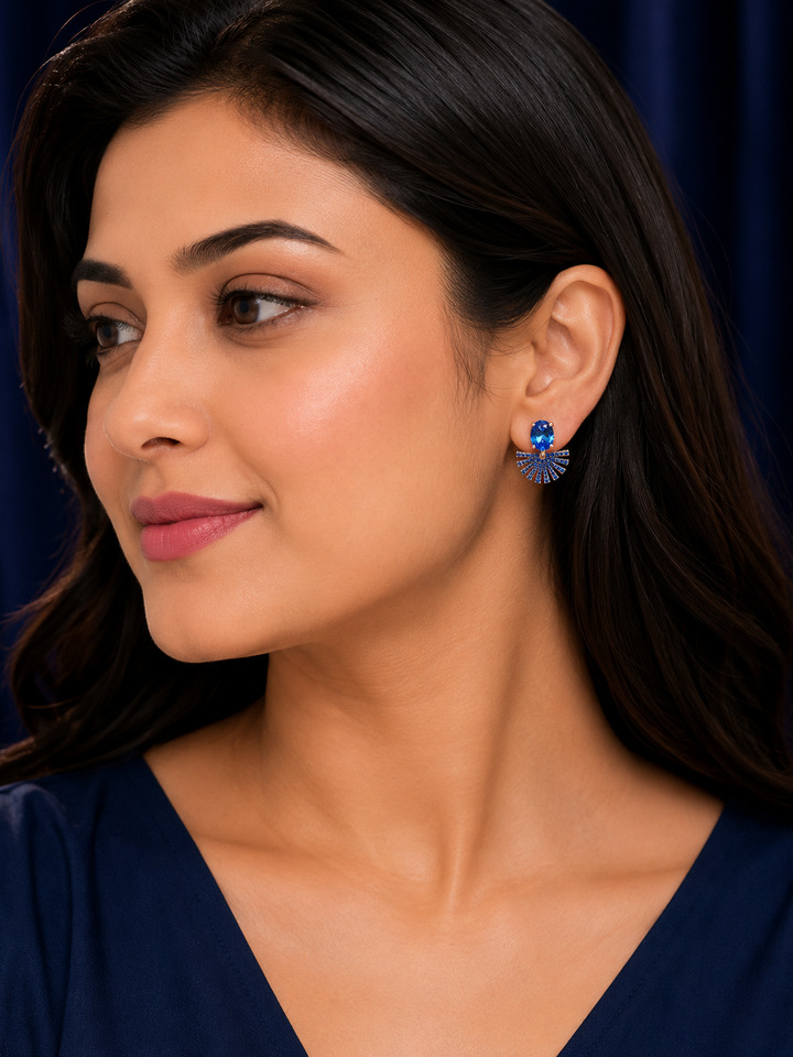 925 Sterling Silver Blue Fan Drop Earrings - Rose Gold Finish - alternate view