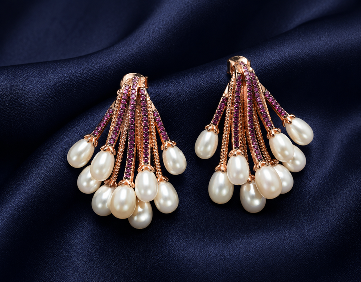 925 Sterling Silver Pearl Cluster Drop Earrings - Rose Gold Finish - front view
