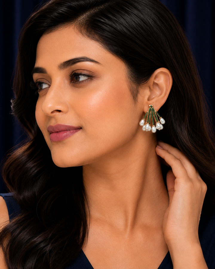 925 Sterling Silver Green & Pearl Cluster Drop Earrings - Rose Gold Finish - front view