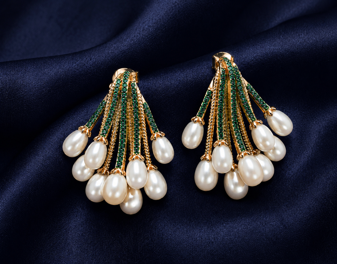 925 Sterling Silver Green & Pearl Cluster Drop Earrings - Rose Gold Finish - alternate view