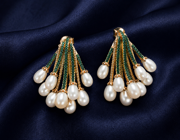 925 Sterling Silver Green & Pearl Cluster Drop Earrings - Rose Gold Finish - alternate view