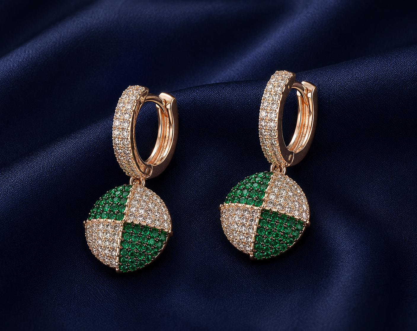 925 Sterling Silver Green Round Checkerboard Drop Earrings - Rose Gold Finish - front view
