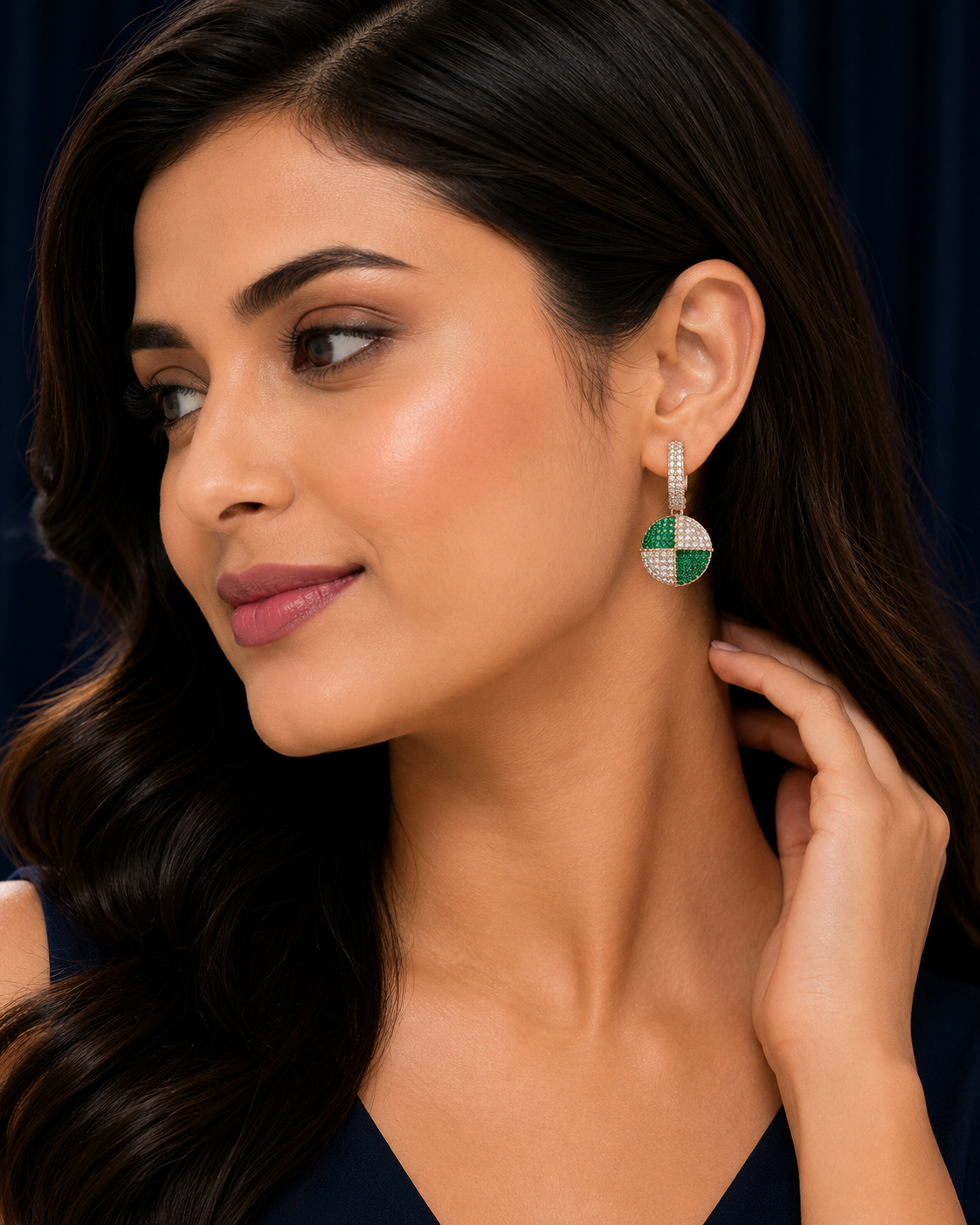 925 Sterling Silver Green Round Checkerboard Drop Earrings - Rose Gold Finish - alternate view