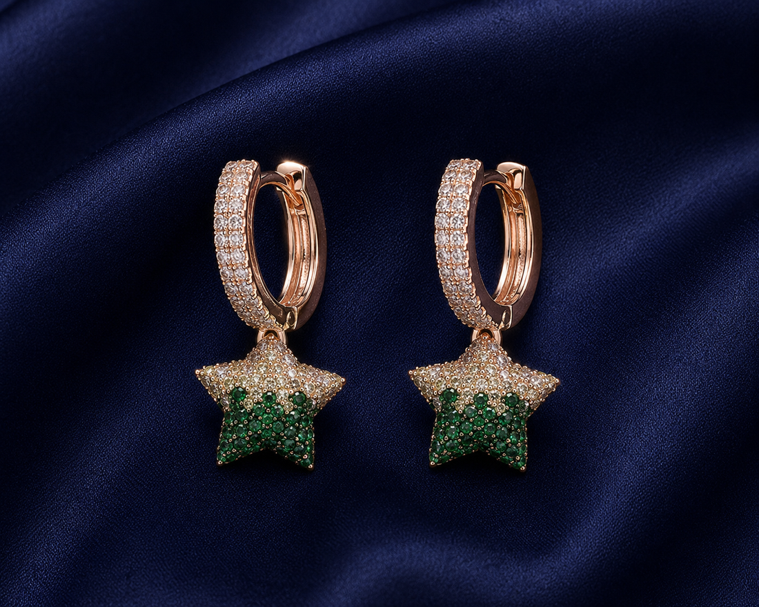 925 Sterling Silver Green Star Drop Hoop Earrings - Rose Gold Finish - front view
