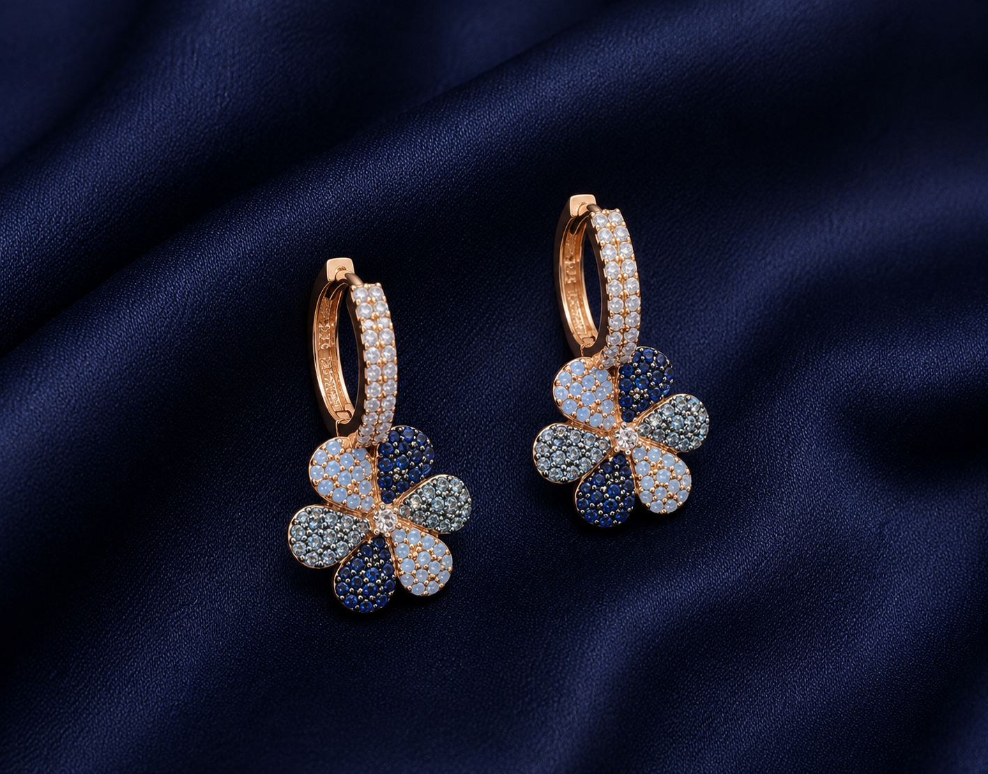 925 Sterling Silver Blue Floral Cluster Drop Earrings - Rose Gold Finish - front view