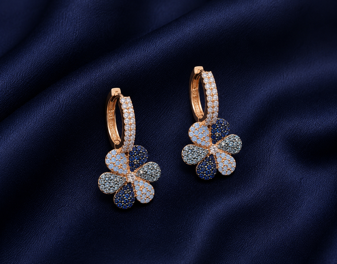 925 Sterling Silver Blue Floral Cluster Drop Earrings - Rose Gold Finish - front view