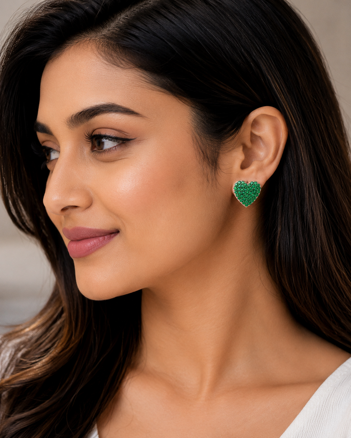 925 Sterling Silver Green Heart Stud Earrings - front view