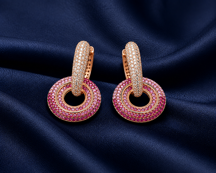 925 Sterling Silver Pink Circular Halo Drop Earrings - front view
