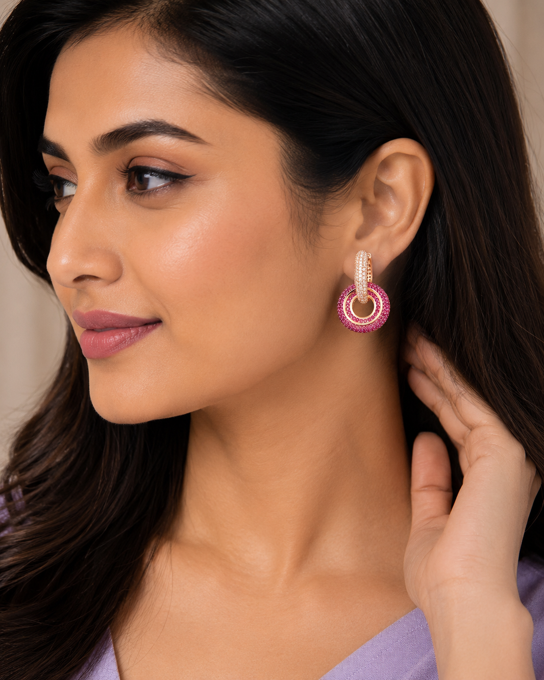 925 Sterling Silver Pink Circular Halo Drop Earrings - alternate view