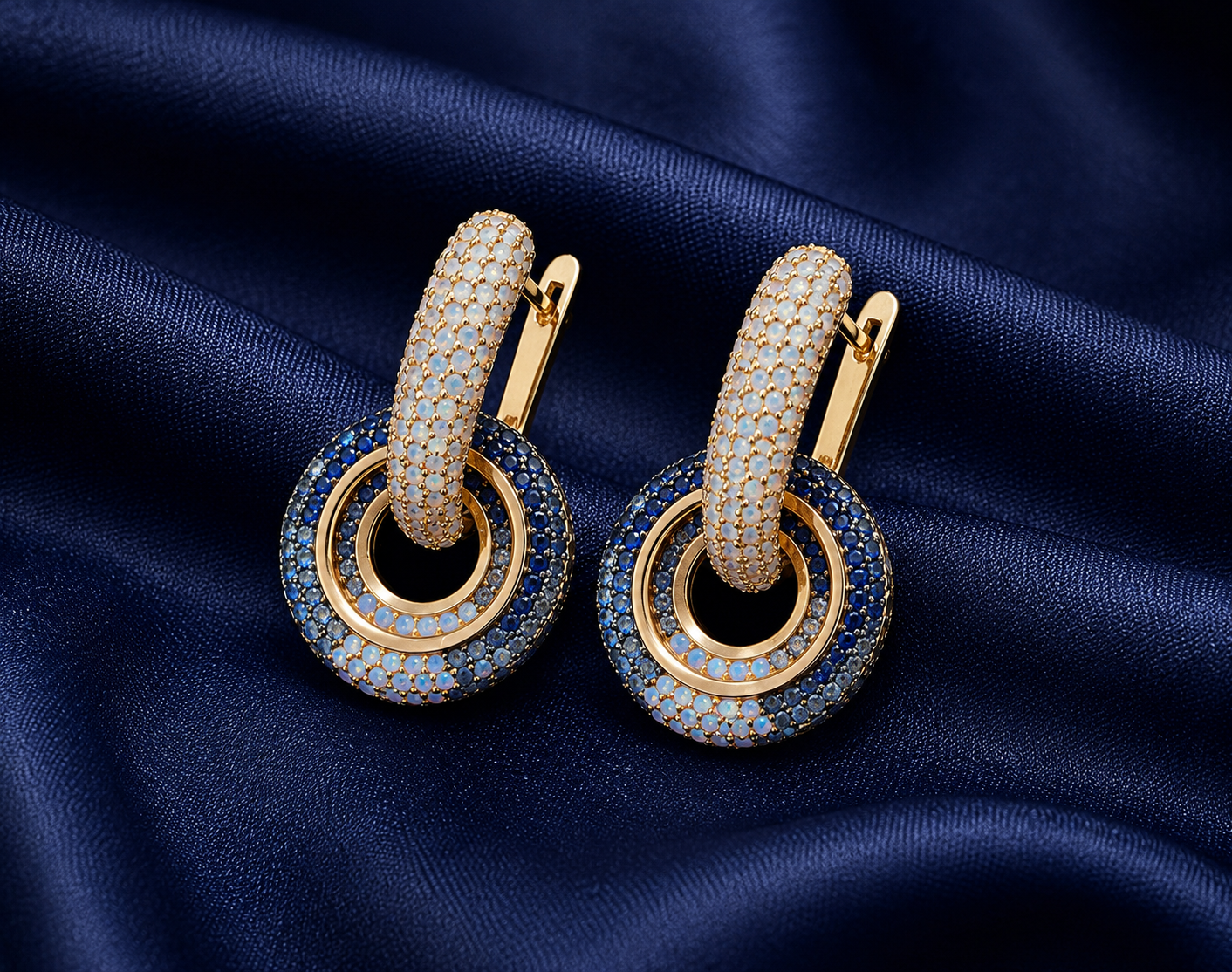 925 Sterling Silver Blue Circular Halo Drop Earrings - front view