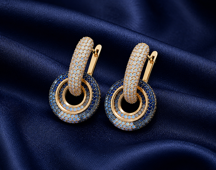 925 Sterling Silver Blue Circular Halo Drop Earrings - front view