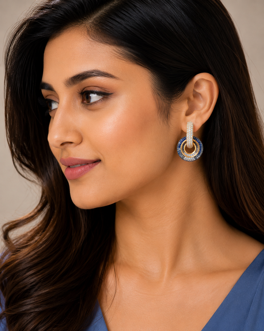 925 Sterling Silver Blue Circular Halo Drop Earrings - alternate view
