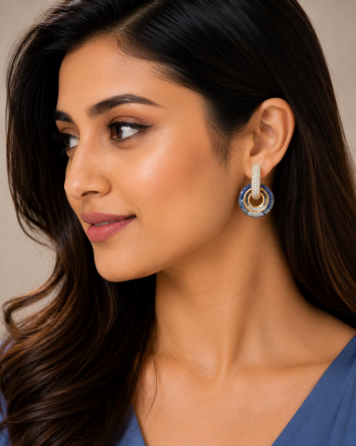 925 Sterling Silver Blue Circular Halo Drop Earrings - alternate view