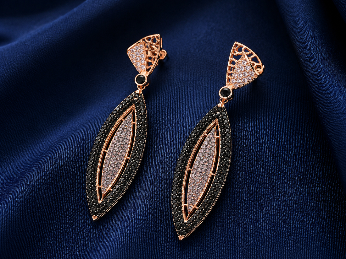 925 Sterling Silver Black Marquise Drop Earrings - front view
