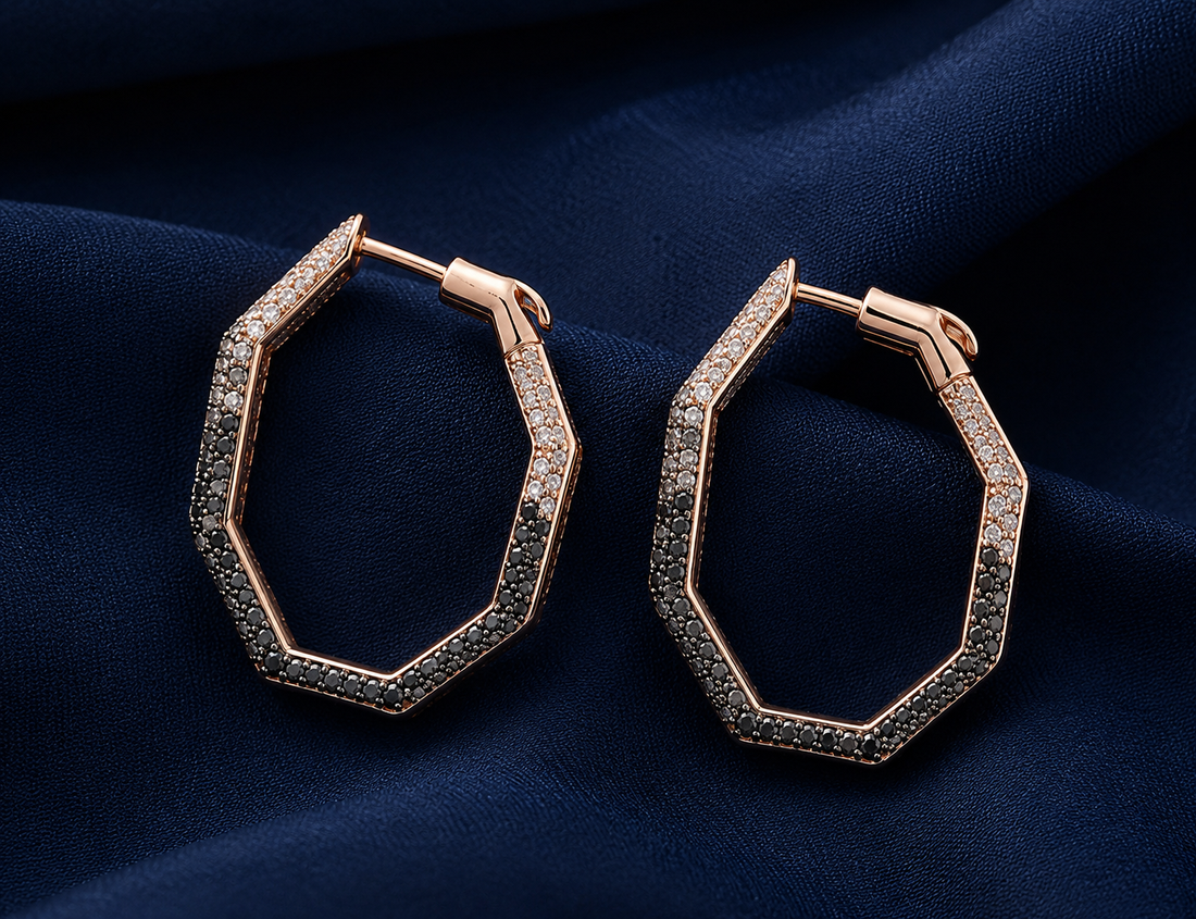925 Sterling Silver Black Geometric Octagon Hoop Earrings - front view
