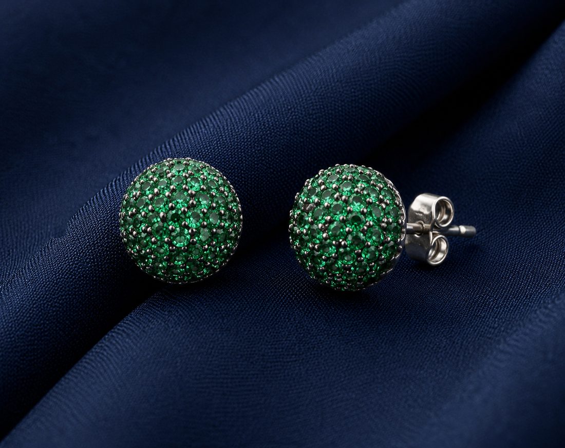 925 Sterling Silver Green Pavé Ball Stud Earrings - front view