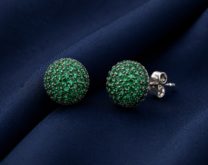 925 Sterling Silver Green Pavé Ball Stud Earrings - front view