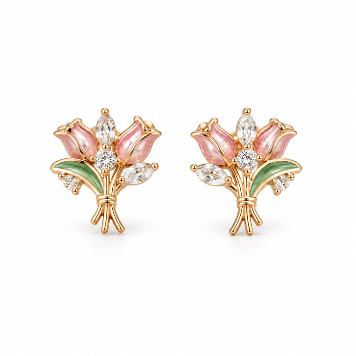 925 Sterling Silver Women's Rose Gold Floral Bouquet Stud Earrings - Image 1