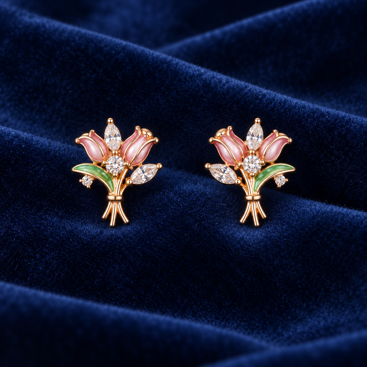 925 Sterling Silver Women's Rose Gold Floral Bouquet Stud Earrings - Image 2