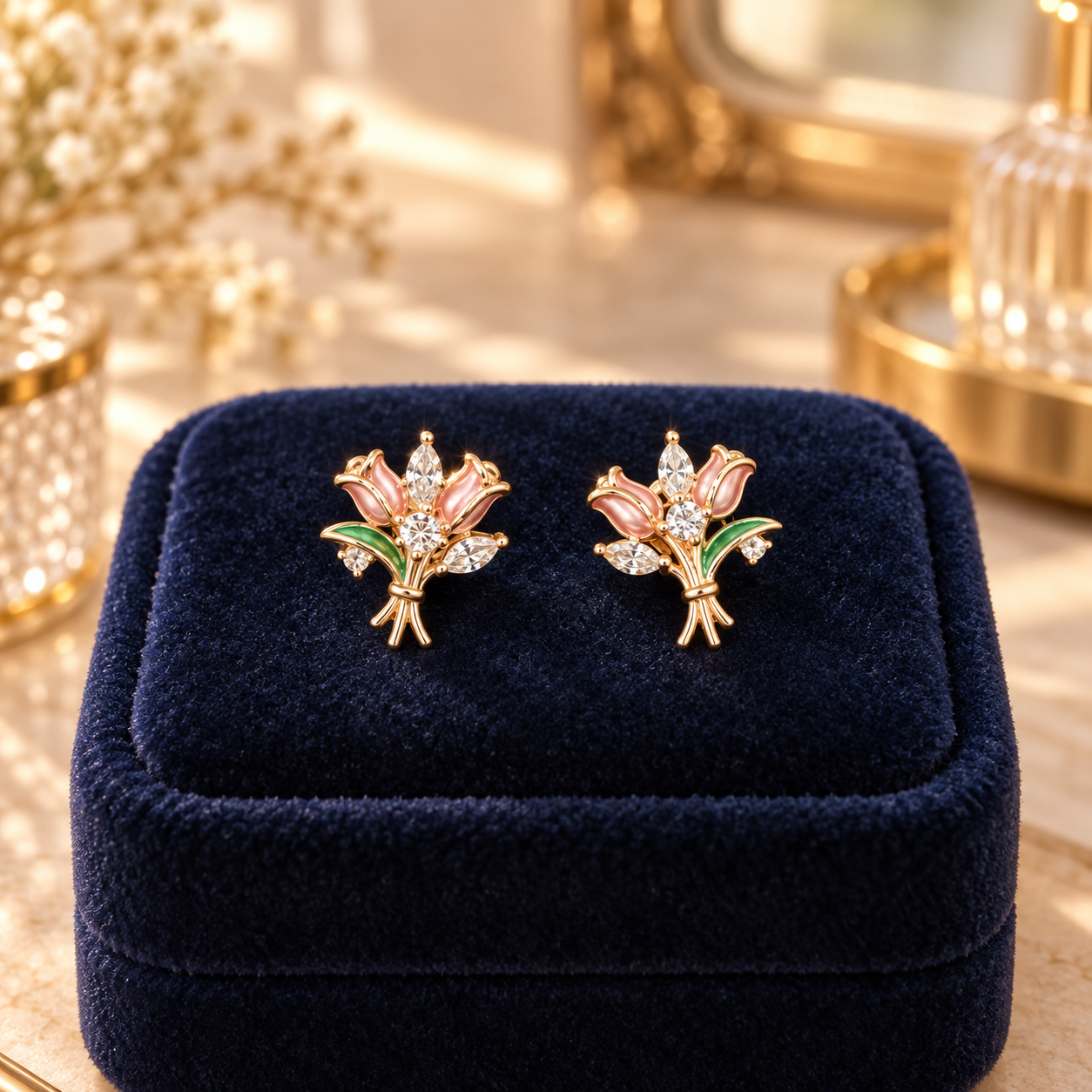 925 Sterling Silver Women's Rose Gold Floral Bouquet Stud Earrings - Image 3