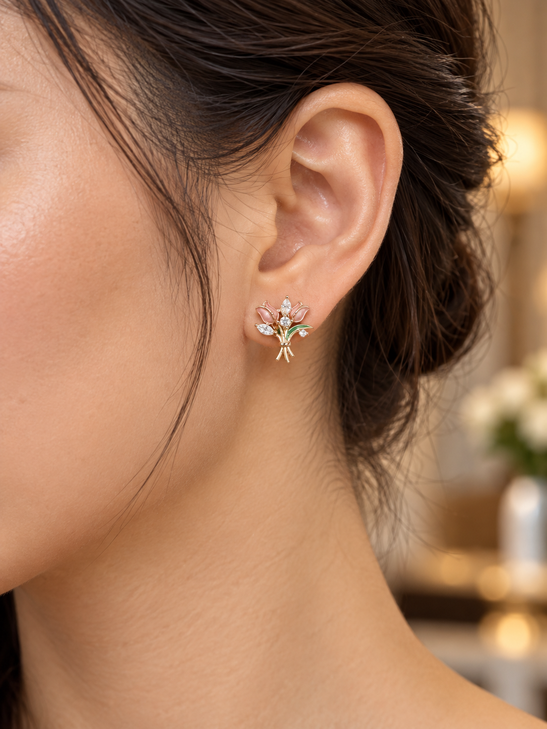925 Sterling Silver Women's Rose Gold Floral Bouquet Stud Earrings - Image 4
