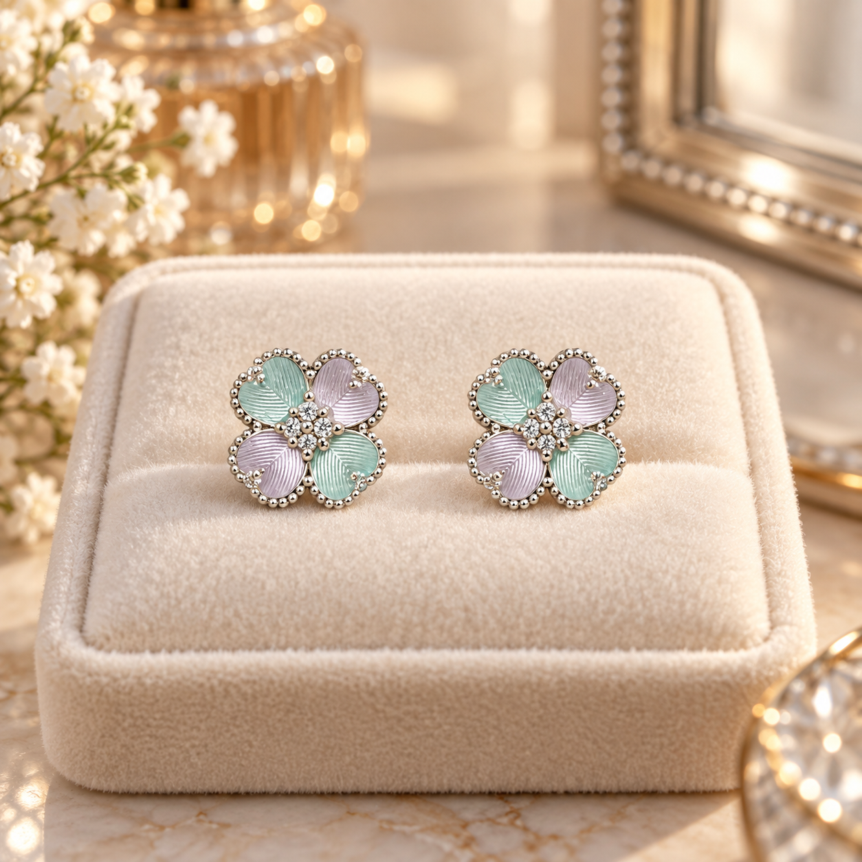 925 Sterling Silver Women's Pastel Four-Petal Flower Stud Earrings - Image 3