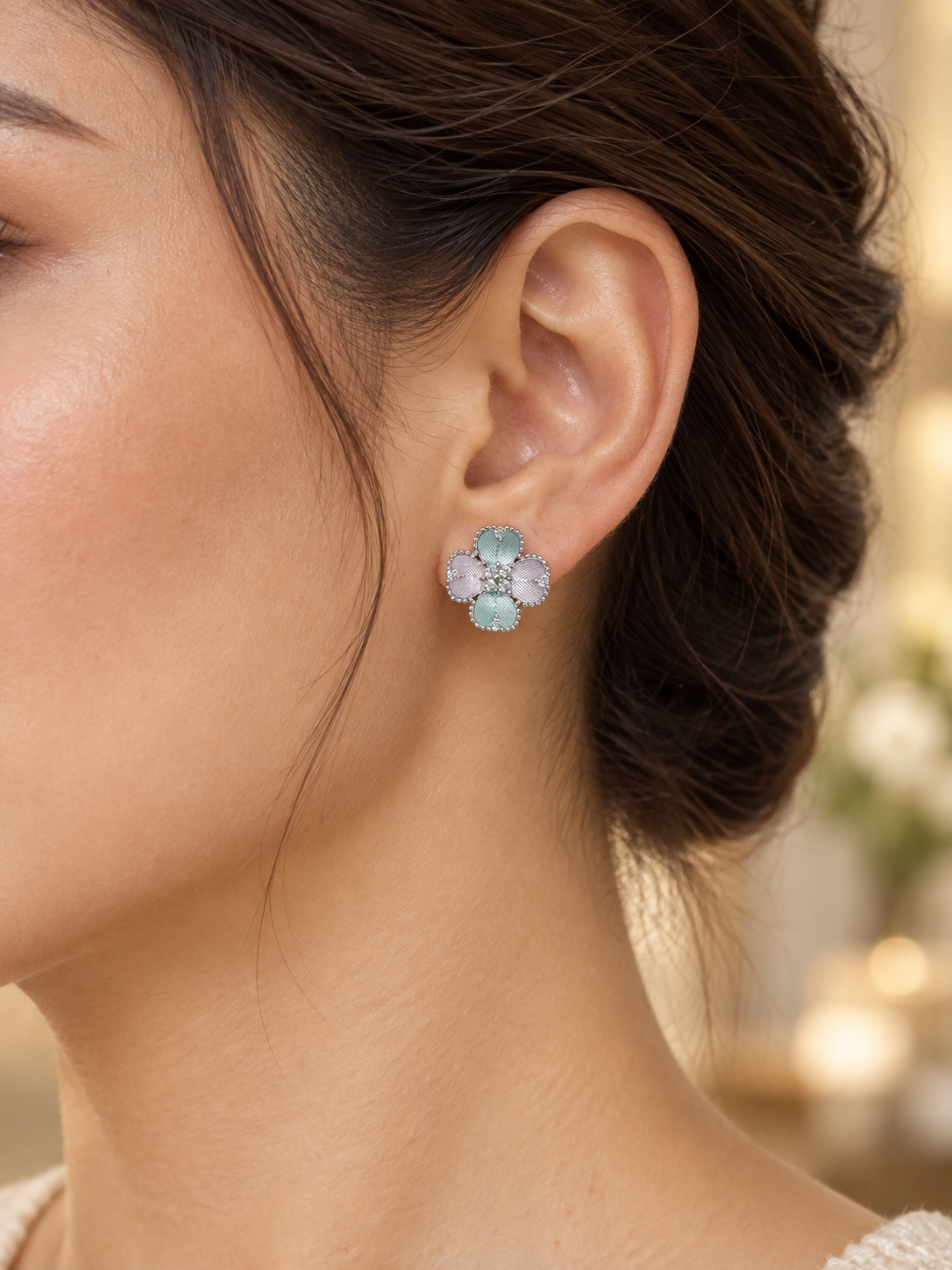 925 Sterling Silver Women's Pastel Four-Petal Flower Stud Earrings - Image 4