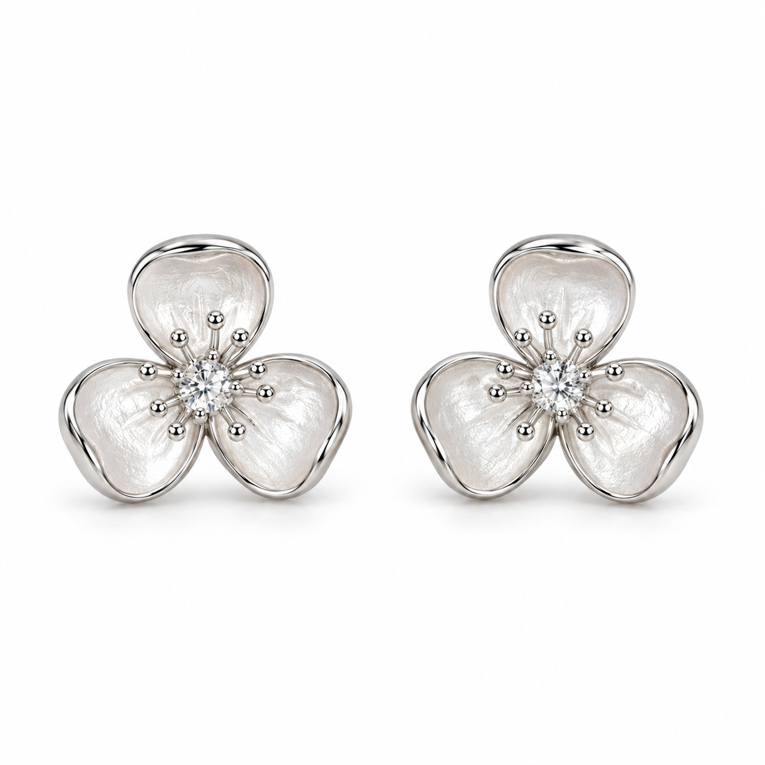 925 Sterling Silver Women's Crystal Three-Petal Flower Stud Earrings - Image 1