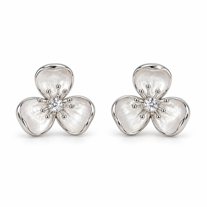 925 Sterling Silver Women's Crystal Three-Petal Flower Stud Earrings - Image 1