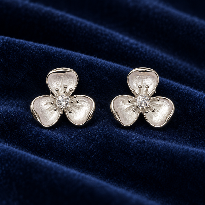 925 Sterling Silver Women's Crystal Three-Petal Flower Stud Earrings - Image 2