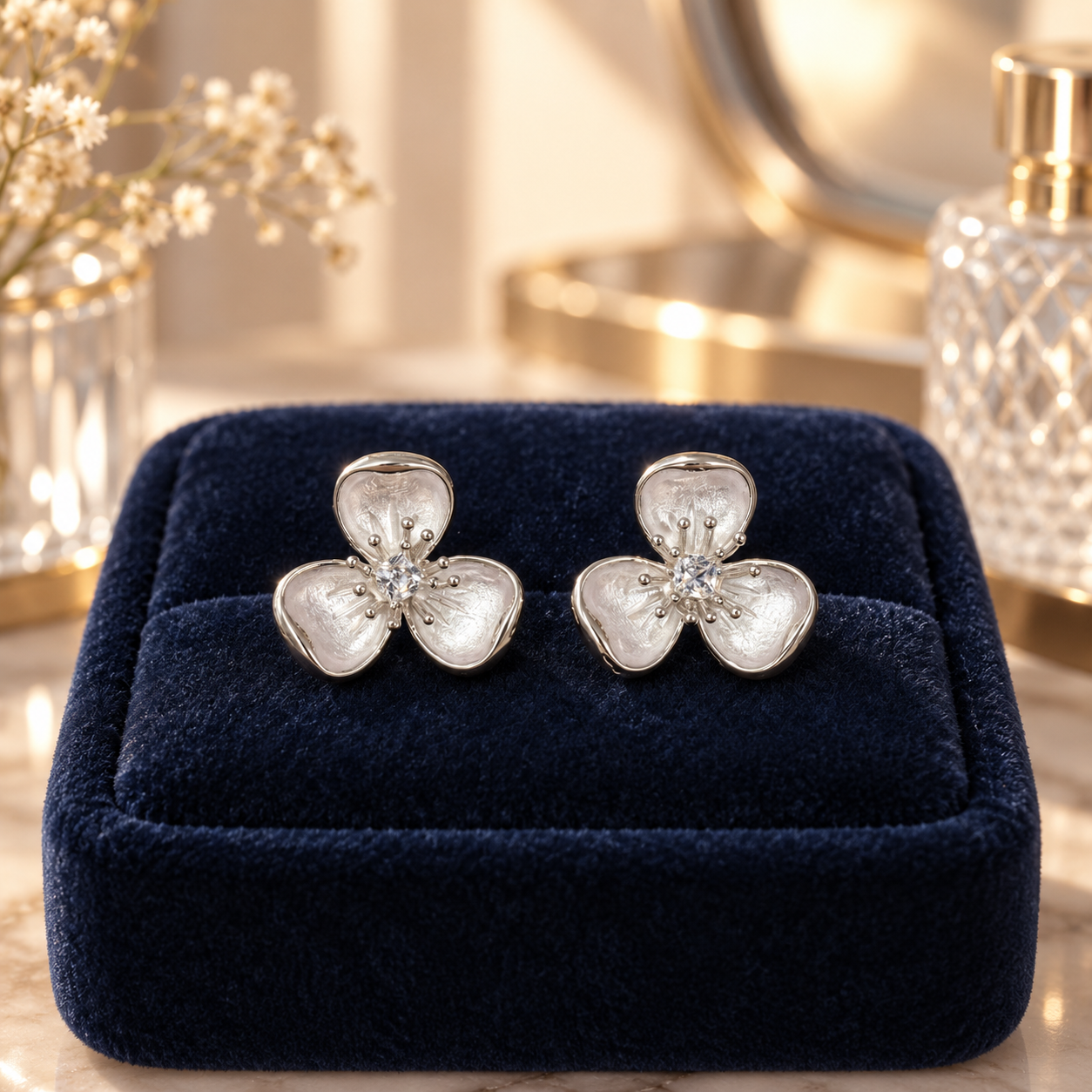 925 Sterling Silver Women's Crystal Three-Petal Flower Stud Earrings - Image 3