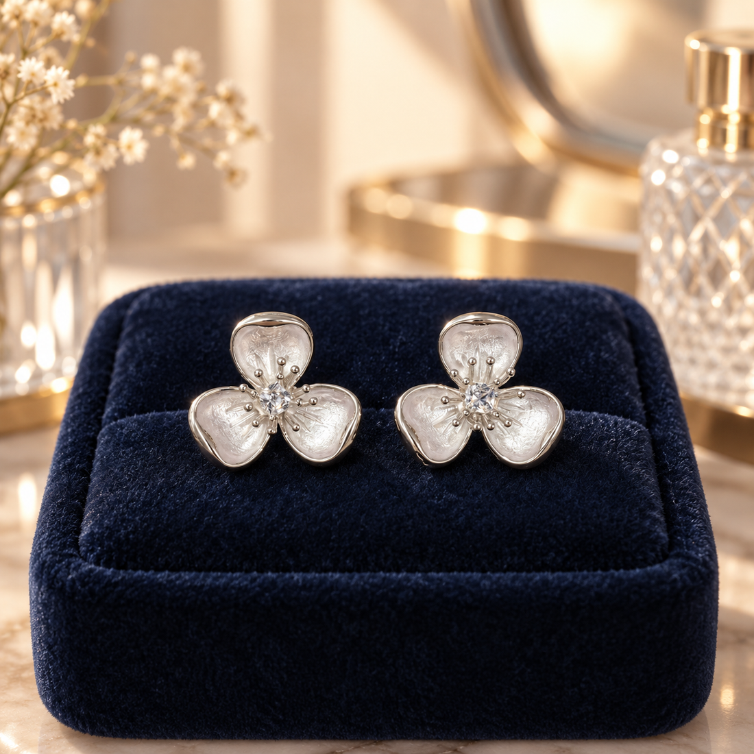 925 Sterling Silver Women's Crystal Three-Petal Flower Stud Earrings - Image 3