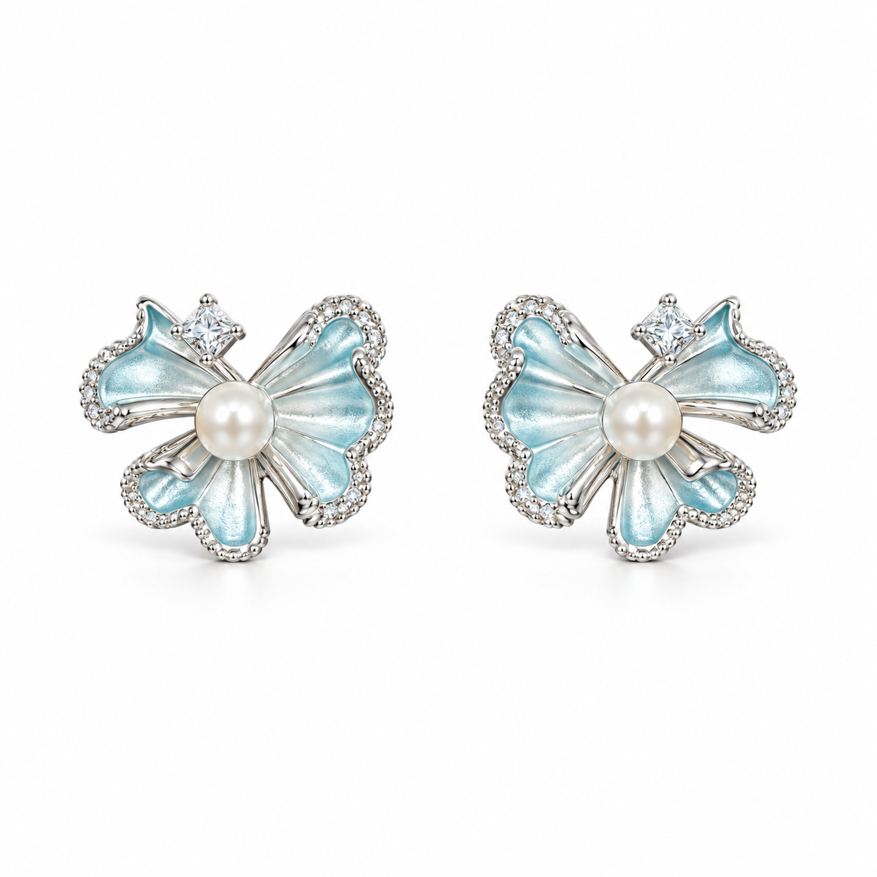 925 Sterling Silver Women's Aqua Blue Bow Pearl Stud Earrings - Image 1