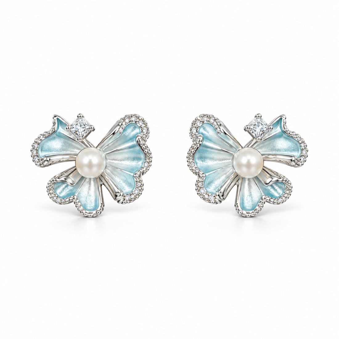 925 Sterling Silver Women's Aqua Blue Bow Pearl Stud Earrings - Image 1