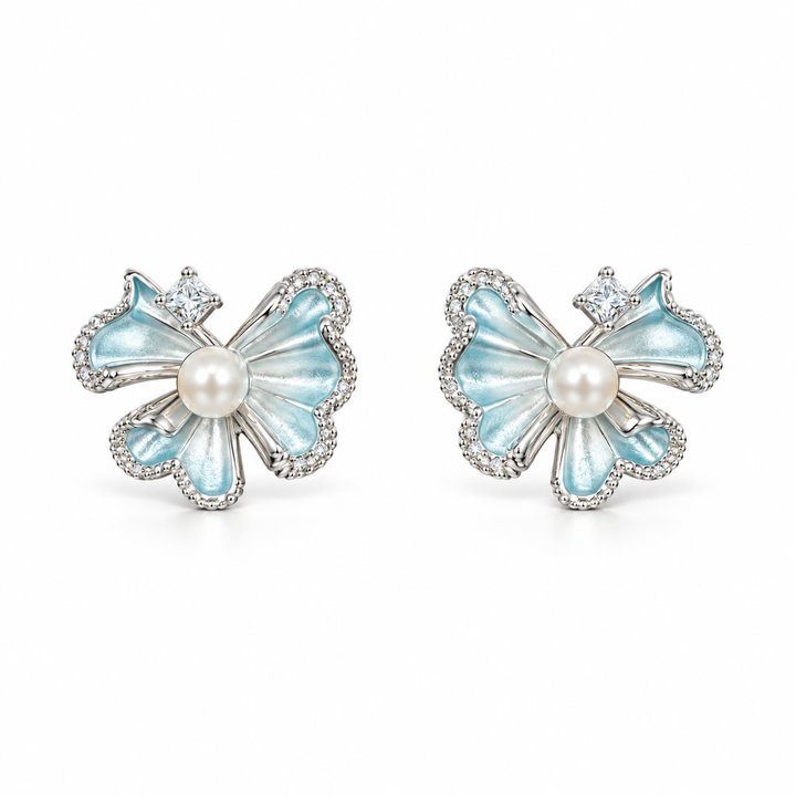 925 Sterling Silver Women's Aqua Blue Bow Pearl Stud Earrings - Image 1