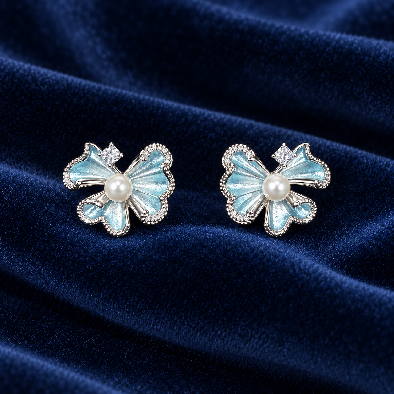 925 Sterling Silver Women's Aqua Blue Bow Pearl Stud Earrings - Image 2